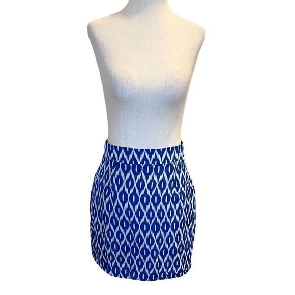 Annabella Blue White Ikat Print Mini Skirt With Highlighter Yellow Zipper SMALL - Picture 1 of 12
